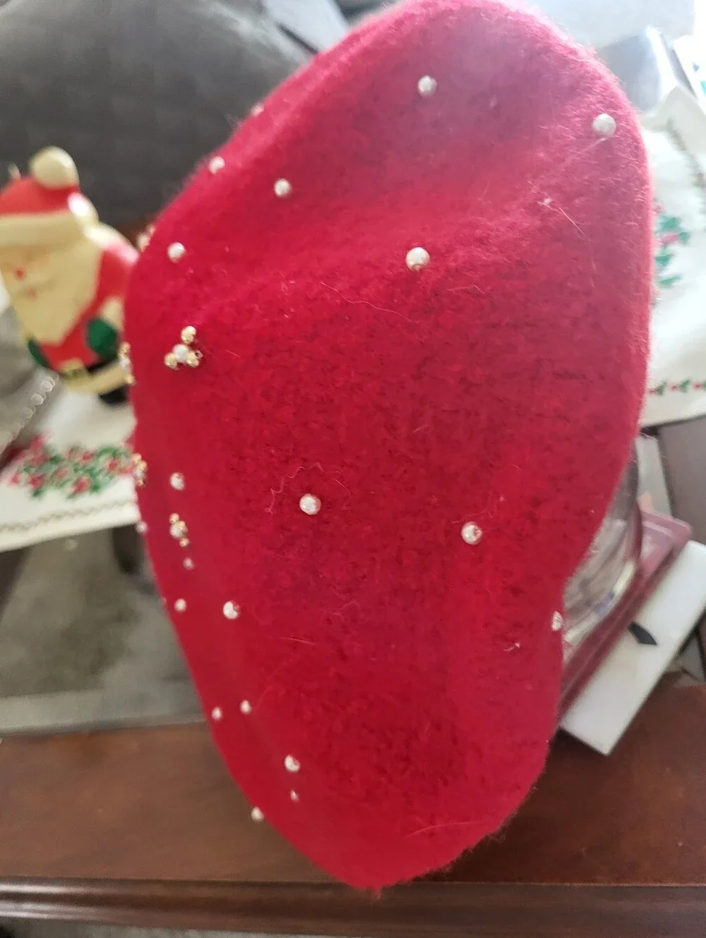 Red Decorative Felt Accent Hat with Pearl Embellishments - Unbranded